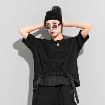 Dimanaf 2025 Новые летние футболки больших размеров для женщин с коротким рукавом из хлопка, свободные черные однотонные топы, повседневные футболки M чёрный