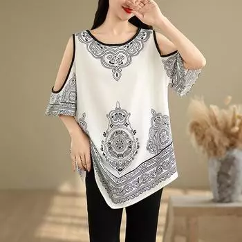 Dimanaf 2025 Новые летние топы больших размеров, футболки, повседневные футболки для женщин с коротким рукавом, винтажные асимметричные, свободные, большие размеры XL белый