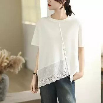 DIMANAF 2025 Новые летние топы больших размеров, футболки, повседневные футболки для женщин с коротким рукавом, однотонные, асимметричные, свободные, большие размеры L чёрный