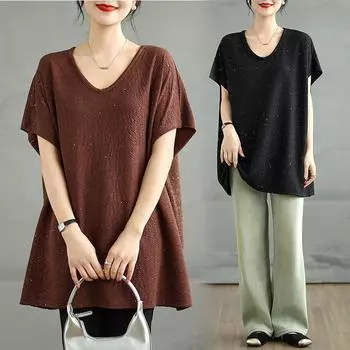 Dimanaf 2025 Новые летние топы больших размеров, футболки, повседневные футболки для женщин с коротким рукавом, однотонные, свободные, большие размеры One Size чёрный