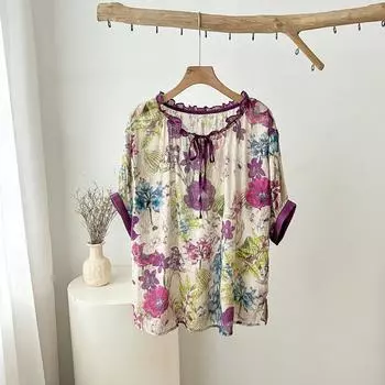 DIMANAF 2025 Новые летние женские льняные футболки с цветочным принтом и коротким рукавом Базовые модные топы с круглым вырезом Футболки Свободные футболки One Size