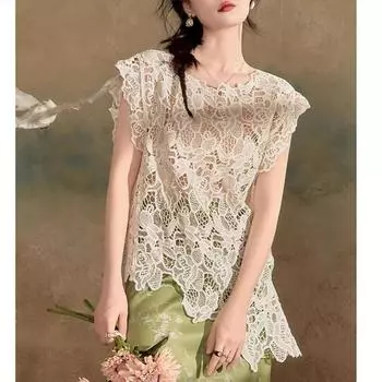 Dimanaf 2025 Новые летние женские майки, футболки без рукавов, базовые топы, кружевные футболки, повседневные свободные футболки one size бежевый