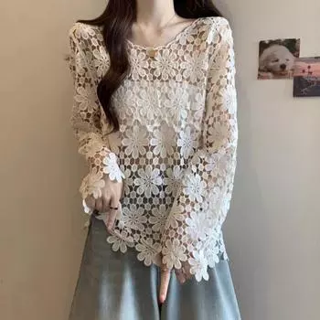 DIMANAF 2025 Новые летние женские праздничные футболки с вырезом, базовые кружевные модные топы, кружевные футболки, повседневные свободные футболки One Size белый