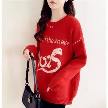 DIMANAF 2025 Новый год Женские свитера Пуловеры Топы Женские трикотажные Базовые футболки Красные свитера One Size красный