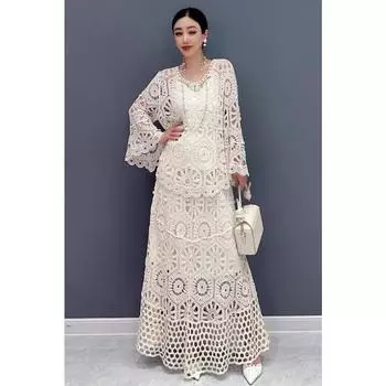 DIMANAF 2025 Новый Юбочный Костюм Женский Пляжный Короткий Рукав Кружева Трикотаж Ажурный Сексуальный О-Образный Вырез Ажурный Летний Стиль Топы Футболки Свободные Базовые one size бежевый