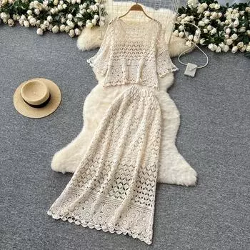 DIMANAF 2025 Новый Юбочный Костюм Женский Трикотажный Пляжный Короткий Рукав Кружева Ажурный Сексуальный О-Образный Вырез Летний Стиль Топы Футболки Свободные Базовые One size бежевый