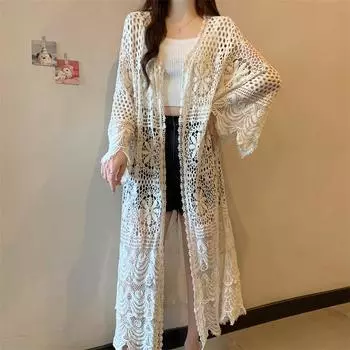 DIMANAF 2025 Новый кардиган женский вязаный кружевной длинный жилет ажурный летний стиль базовые топы футболки свободная одежда One Size бежевый