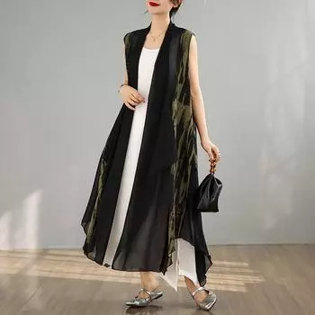 DIMANAF 2025 Новый Летний Женский Длинный Жилет Большого Размера Без Рукавов Пальто Базовая Мода Шифоновые Топы Футболки Повседневный Свободный L зелёный