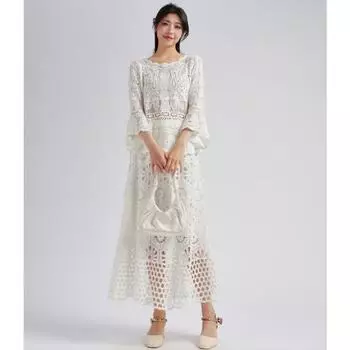 DIMANAF 2025 Новый юбочный костюм женский пляжный с коротким рукавом кружевной вязаный с вырезами сексуальный с круглым вырезом полый летний стиль топы футболки свободный базовый one size белый