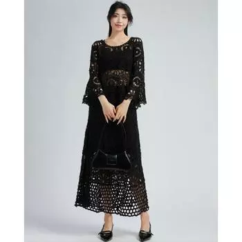 DIMANAF 2025 Новый юбочный костюм женский пляжный с коротким рукавом кружевной вязаный с вырезами сексуальный с круглым вырезом полый летний стиль топы футболки свободный базовый one size чёрный