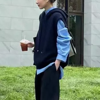 DIMANAF 2025 Новый жилет больших размеров, осенний безрукавный женский однотонный свитер, вязаный модный свободный свитер большого размера one size темно-синий