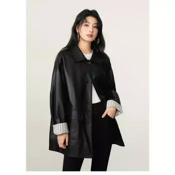 Dimanaf 2025 Осень Новая Куртка из ПУ Кожи Полосатое Женское Пальто Лоскутное Пальто Карманы Пальто One Size чёрный