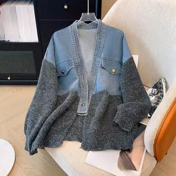 Dimanaf 2025 Осень Новая Куртка Женская Кофта Пальто Пэчворк Утепленное Пальто Кардиган Вязание Карманы Свитер one size