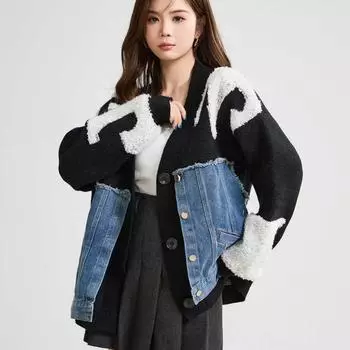 DIMANAF 2025 Осень Новая Куртка Женская Принт Буквы Свитера Пальто Лоскутное Ватное Пальто Кардиган Вязаный Карманы Имитация Двойки Свитер one size чёрный