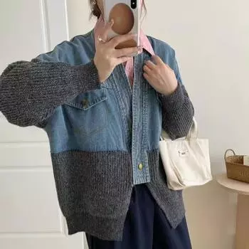 DIMANAF 2025 Осень Новая Куртка Женские Свитера Пальто Пэчворк Стеганое Пальто Кардиган Вязаный Карманы Имитация Двойки Свитер One Size серый