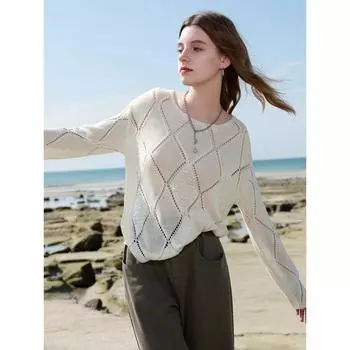 DIMANAF 2025 Осень Женские Блестки Новые Свитера Вязаные Базовый Модный Стиль Круглый Вырез Свободный Пуловер Свитер One Size бежевый