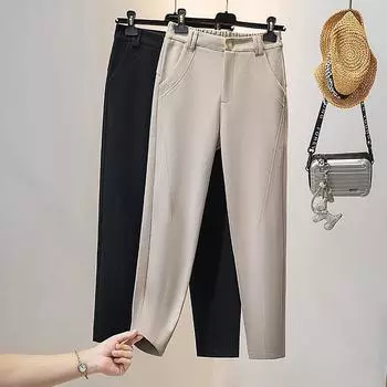 DIMANAF 2025 Осень Женские Брюки Плюс Размер Эластичные Девятые Брюки Новые Брюки Базовые С Высокой Талией Повседневные Твердые Свободные L чёрный