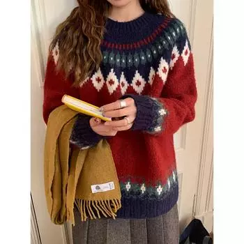 DIMANAF 2025 Осень Женские Новые Свитера Вязание Базовый Модный Стиль с Круглым Вырезом Свободный Красный Пуловер Свитер One Size