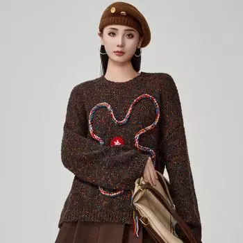 DIMANAF 2025 Осень Женские Полосатые Новые Свитеры Вязаные Базовые Модные Декорация Лентой Стиль О-образный вырез Свободный Пуловер Свитер One Size коричневый