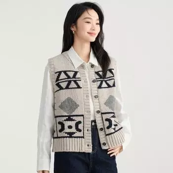 DIMANAF 2025 Осень Женский Без рукавов Пуговицы Жилет Свитера Стиль Принт Вязаный Повседневный Свободный Короткий Свитер One Size серый