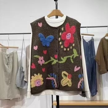 Dimanaf 2025 Осень Женский Безрукавный Жилет Пуговицы Свитера Стиль Печать Вязание Повседневный Свободный Свитер One Size коричневый