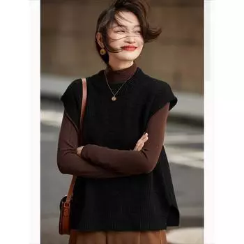 DIMANAF 2025 Осень Женский Вязаный Свитер Без Рукавов Жилет Повседневный Стиль Свободный Свитер One Size