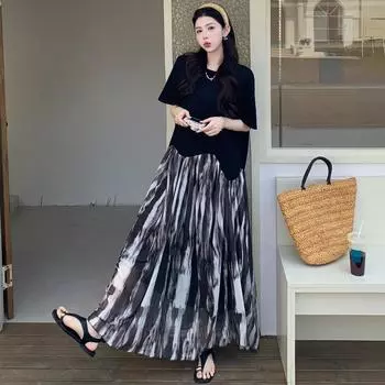 Dimanaf 2025 Платье больших размеров Женское Летнее Винтажное Платье с вставками Базовое Длинное Повседневное Свободное Платье L чёрный