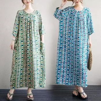 Dimanaf 2025 Платье больших размеров для женщин, летнее, винтажное, с принтом, длинное, свободные карманы, повседневное, хлопковое, свободного покроя, платье One Size синий