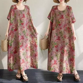 Dimanaf 2025 Платье размера плюс Женское Летнее Цветочное Платье Свободное Элегантное Повседневное Винтажное Длинное Платье Оверсайз One Size фиолетовый