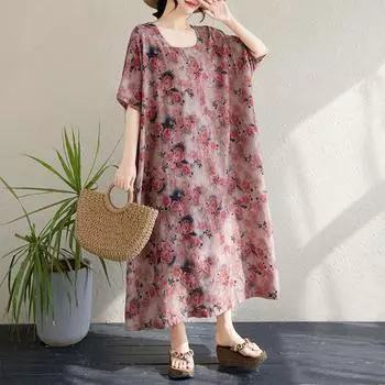 Dimanaf 2025 Платье размера плюс женское летнее длинное платье с цветочным принтом свободное элегантное повседневное винтажное платье макси One Size розовый