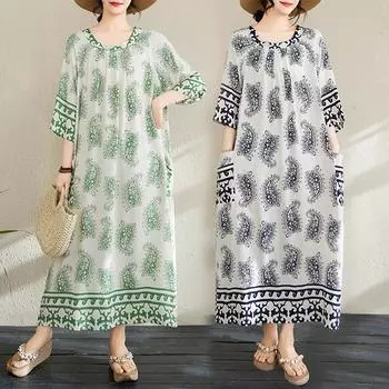 Dimanaf 2025 Платье размера плюс Женское Летнее Платье большого размера с принтом Свободное Элегантное Повседневное Винтажное Длинное Платье One Size синий