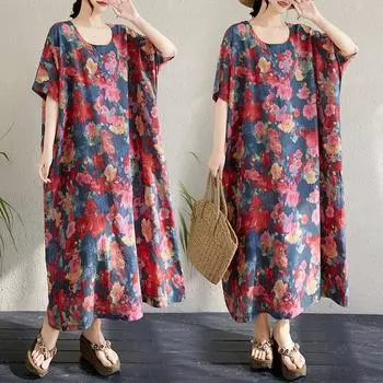 Dimanaf 2025 Платье размера плюс женское летнее элегантное винтажное длинное платье с цветочным принтом свободное повседневное платье макси One Size красный