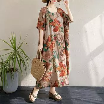Dimanaf 2025 Платье размера плюс женское летнее элегантное длинное платье с цветочным принтом свободное повседневное винтажное платье макси One Size коричневый