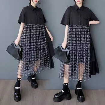 Dimanaf 2025 Платье размера плюс Женское Летнее Длинное Платье-рубашка Кружева Сплайсированное Повседневное Свободное Винтажное Платье Макси One Size чёрный