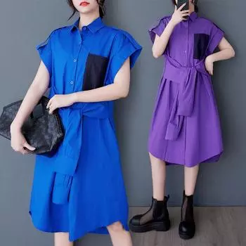 Dimanaf 2025 Платье размера плюс Женское Летнее Свободное Платье-рубашка Повседневное Кнопки Базовое Однотонное Винтажное Платье Макси One Size синий