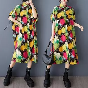 Dimanaf 2025 Платье размера плюс Женское Летнее Свободное Платье Повседневное Кнопки Базовое Винтажное Платье-Рубашка Макси One Size зелёный