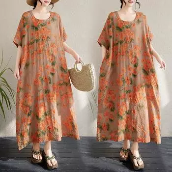 Dimanaf 2025 Платье размера плюс Женское Летнее Платье с Цветочным Принтом Свободное Элегантное Повседневное Винтажное Длинное Платье Макси One Size оранжевый