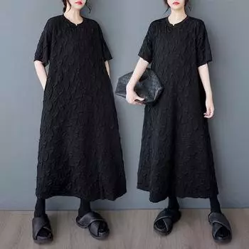 Dimanaf 2025 Платье размера плюс Женское Летнее Длинное Платье-рубашка Повседневное Свободное Базовое Однотонное Винтажное Черное Платье Макси One Size чёрный