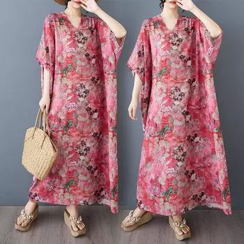 DIMANAF 2025 Плюс Размер Летнее Платье Женское Повседневное Винтажное Длинное Платье Свободное Цветочное Печать Базовое Платье Макси One Size розовый