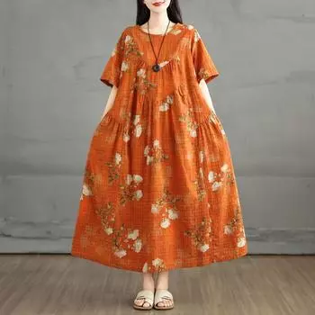 Dimanaf 2025 Плюс Размер Летнее Платье Женское Новое Цветочное Винтажное Длинное Повседневное Платье Свободное Платье Макси L оранжевый
