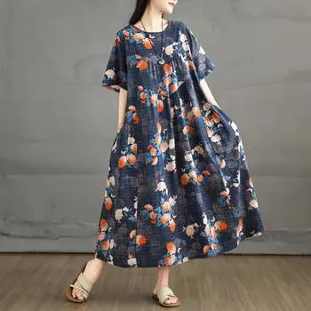 Dimanaf 2025 Плюс Размер Летнее Платье Женщин Новое Винтажное Длинное Повседневное Платье Цветочный Принт Свободное Платье-Рубашка Макси L синий