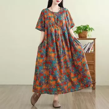 Dimanaf 2025 Плюс Размер Летнее Платье Женщин Винтаж Длинное Повседневное Платье Новое Печать Свободное Платье Рубашка Макси L красный