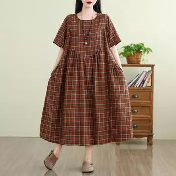 Dimanaf 2025 Плюс Размер Летнее Платье Женщин Винтаж Длинное Повседневное Платье Новое Клетчатое Свободное Платье-Рубашка Макси L коричневый