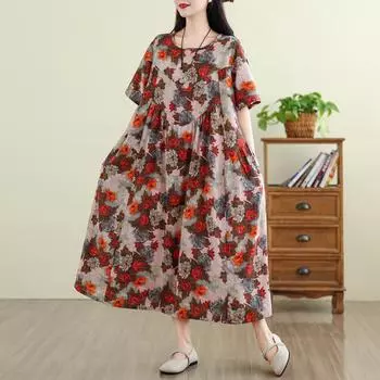 Dimanaf 2025 Плюс Размер Летнее Платье Женщин Винтаж Длинное Повседневное Платье Новое Цветочное Печать Свободное Платье Рубашка Макси L красный