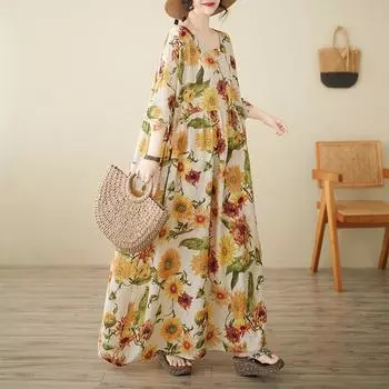 Dimanaf 2025 Плюс Размер Летнее Платье Женское Винтажное Длинное Платье Свободное Цветочное Печать Льняное Повседневное Платье Макси One Size жёлтый