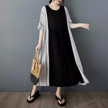 Dimanaf 2025 Плюс Размер Летнее Платье Женское Повседневное Винтажное Длинное Платье Свободное Платье Оверсайз Макси One Size чёрный