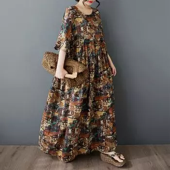 DIMANAF 2025 Плюс Размер Летнее Платье Женщин Винтаж Длинное Платье Свободный Принт Оверсайз Повседневное Платье Макси One Size коричневый