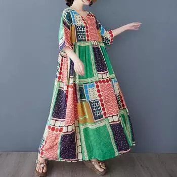 Dimanaf 2025 Плюс Размер Летнее Платье Женщин Винтажный Принт Длинное Платье Короткий Рукав Богемный Свободный Повседневный Платье Макси One Size зелёный