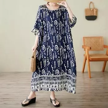 Dimanaf 2025 Плюс Размер Летнее Платье Женское Новое Винтажное Печать Повседневное Длинное Платье Свободное Платье Макси One Size темно-синий