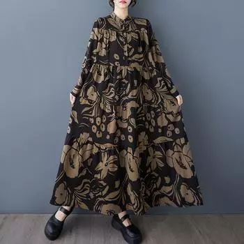 Dimanaf 2025 Плюс Размер Летнее Платье Женщин Винтажный Принт Длинное Платье Длинный Рукав Свободное Повседневное Платье Макси One Size чёрный